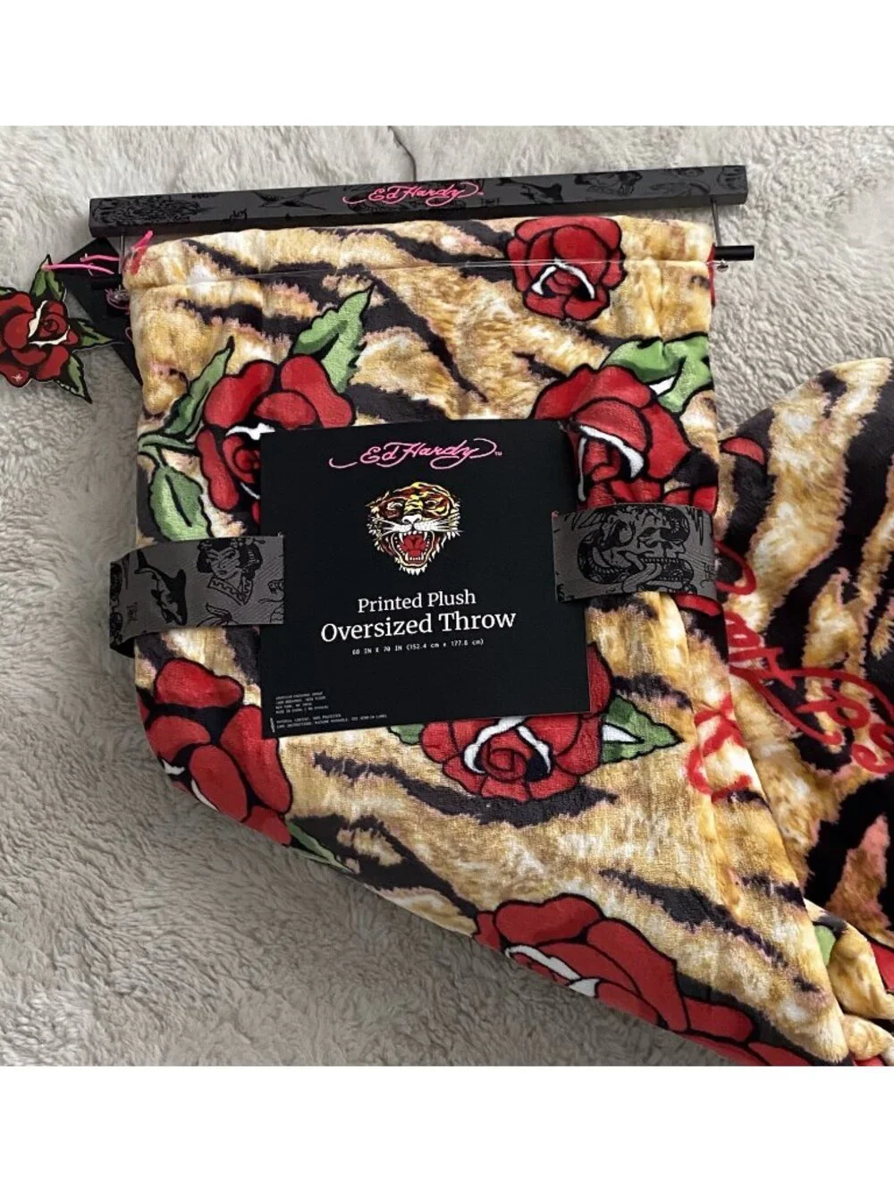 Ed Hardy Oversized Plush Throw Blanket Tiger Stripes Print W/Red Roses Logo NEW
